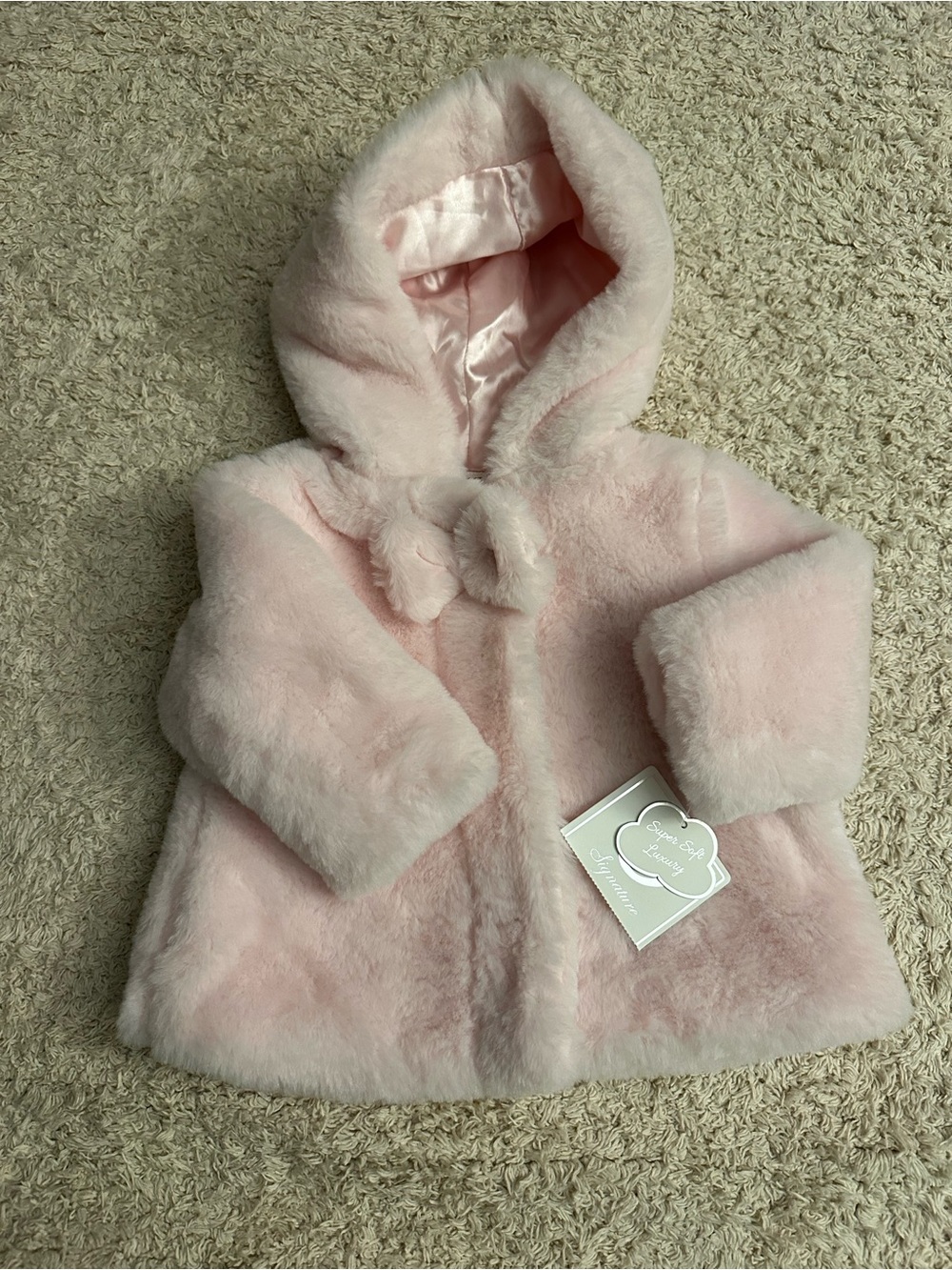 Little Me Plush Hooded Pink Faux-Fur Button Up Pea Coat - 6M